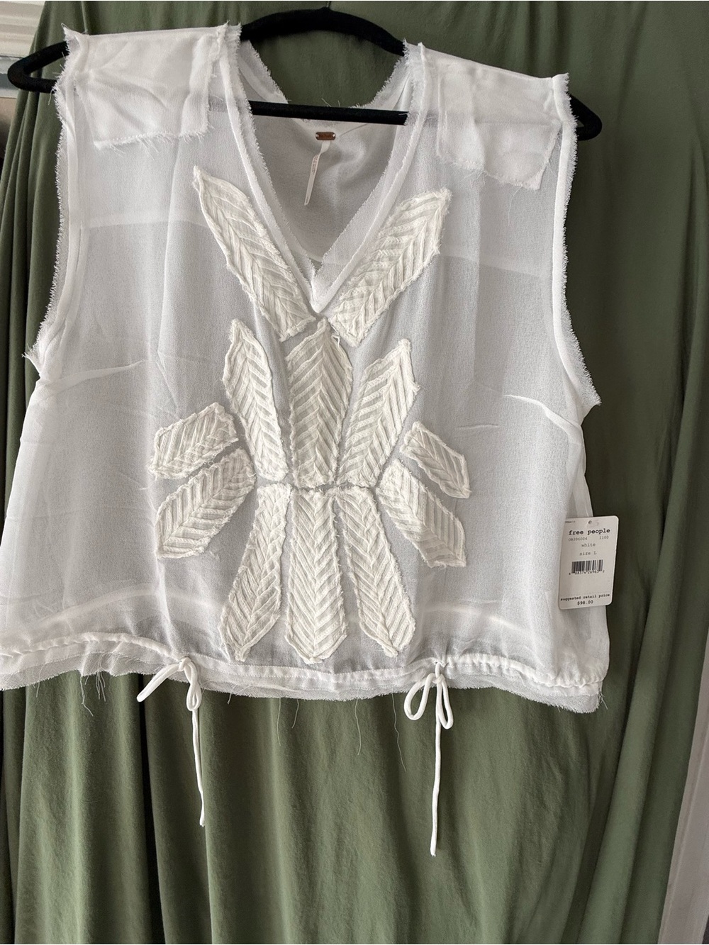 Free People White Embroidered Drawcord Sleeveless V-Neck Top